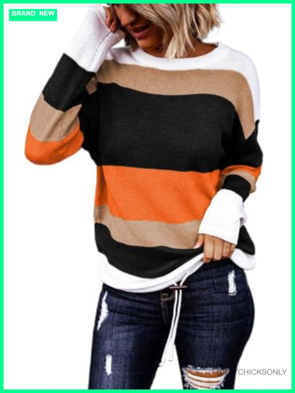 Womens Striped Drawstring Hem Crewneck Pullover Sweater Knitted Fall Winter